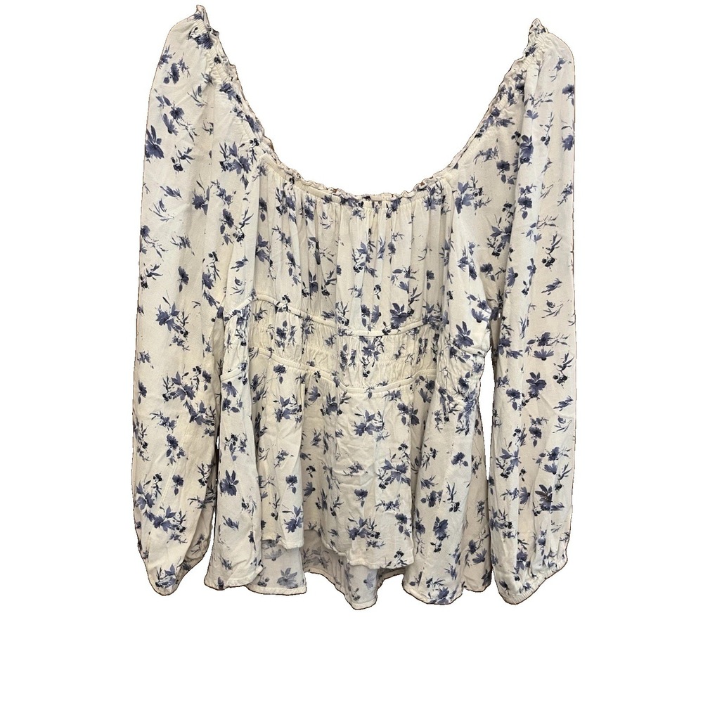 TORRID Women's Blouse White W Blue Floral On/0ff Shoulder Lots Of Stretch Sz 1 - Picture 2 of 5